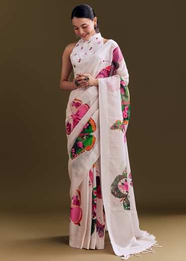White Cotton Linen Saree With Watercolor Florals