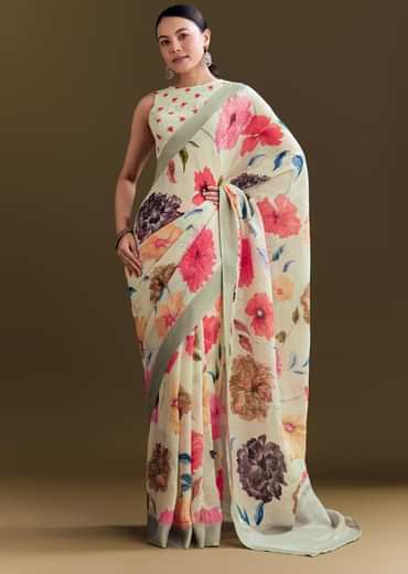 Pista Cotton Linen Saree With Multicolor Florals
