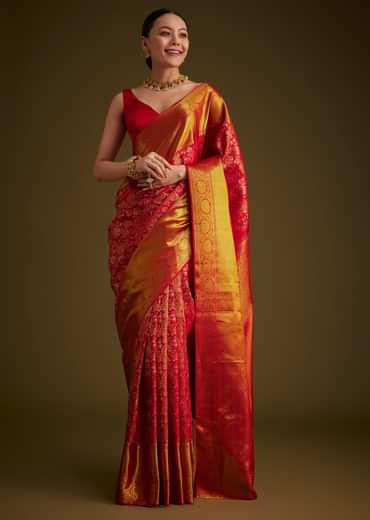Red Kanjivaram Silk Saree With Golden Zari Detailing