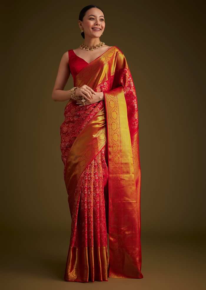 Red Kanjivaram Silk Saree With Golden Zari Detailing