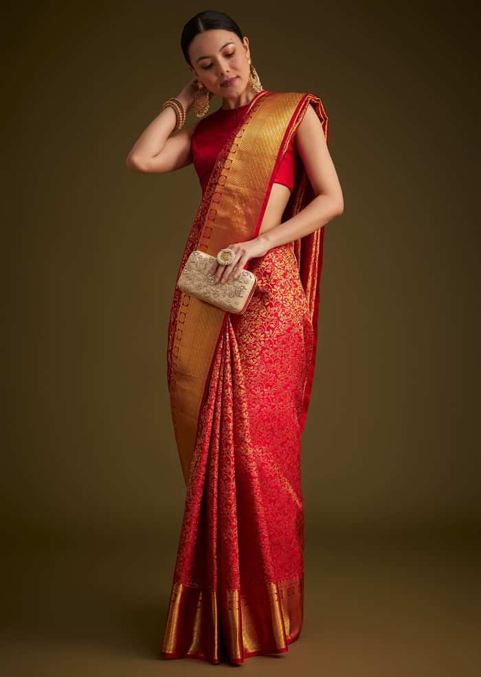 Red Kanjivaram Silk Saree With Golden Zari Woven Border