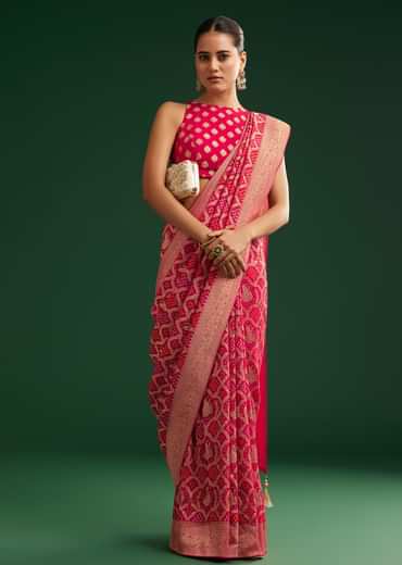 Rani Pink Khaddi Georgette Saree With Zari Woven Jaal Work