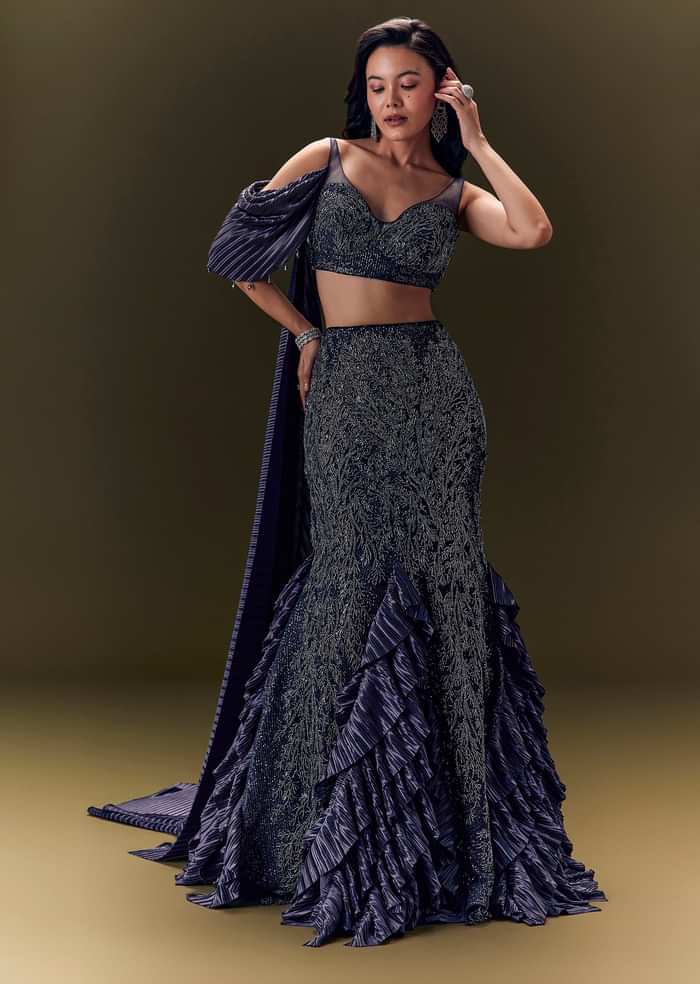 Navy Blue Crepe Ensemble With Pleated Cape Blouse And Fish Cut Skirt