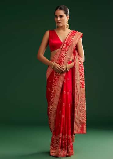 Red Satin Saree With Zari Weave