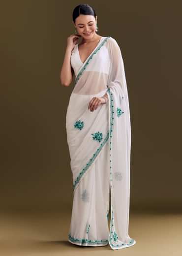 White Georgette Saree With Traditional Kashmiri Buds
