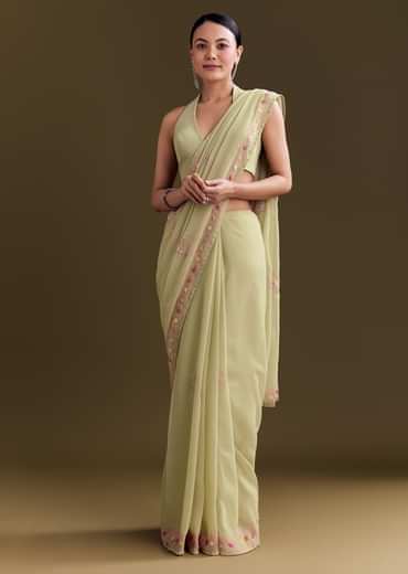 Green Georgette Saree With Kashmiri Bud Embroidery