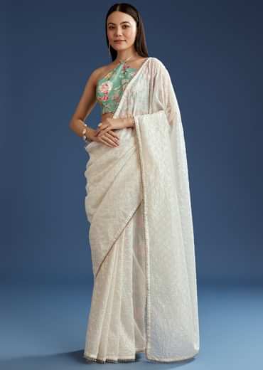 White Green Glass Tissue Sequin Embroidered Saree With Contrast Blouse