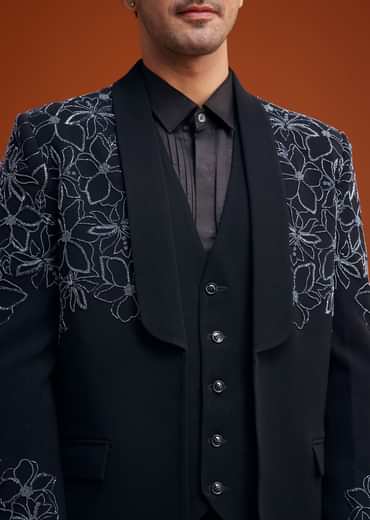 Black Embroidered Floral Tuxedo Set