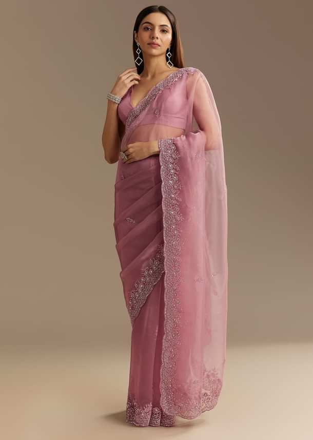 Pinkish Lavender Tissue Saree With Sequins Cutdana And Scallop Border