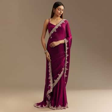 Wine Satin Sequins Saree With Zardosi Cutdana Embroidery And Scallop Border