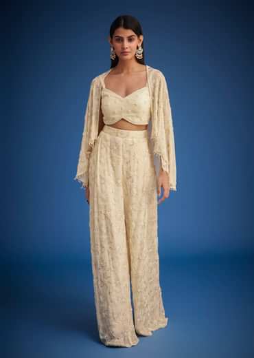 Off White Embroidered Cape Palazzo Set