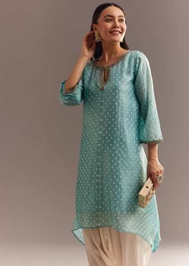 Sky Blue Bandhani Embroidered Kurta Dhoti