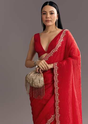 Red Crushed Tissue Stone Embellished Saree With Cutdana Scallop Border