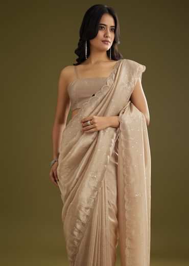 Coffee Brown Crushed Tissue Saree With Embroidered Scallop Border