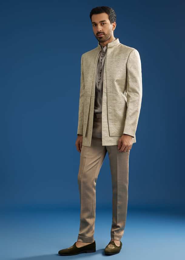 Rose Gold Banarasi Silk Jacket Kurta Set