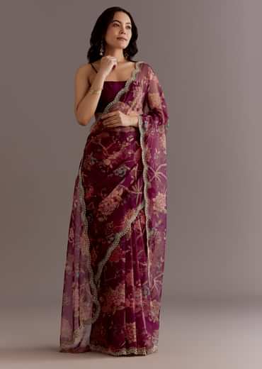 Wine Organza Saree With Floral Print And Hand Embellished Border