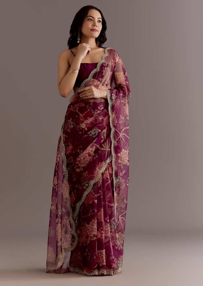Wine Organza Saree With Floral Print And Hand Embellished Border