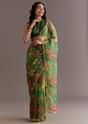 Green Organza Saree With Floral Print And Embellished Border
