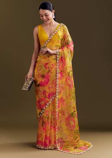 Yellow Organza Saree With Floral Print And Beaded Border
