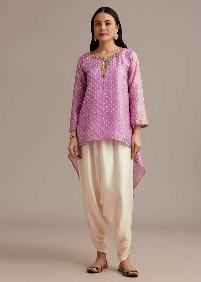 Lavender Bandhani High Low Kurta Set With Dhoti