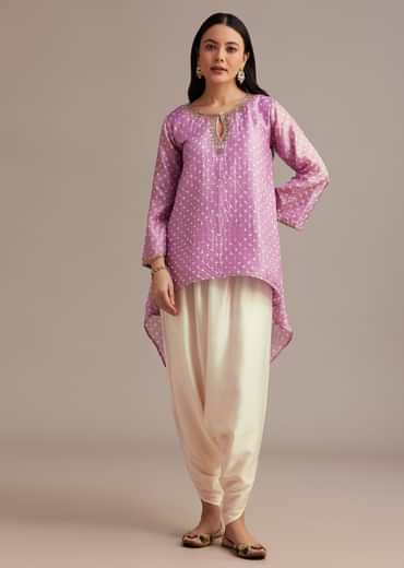 Lavender Bandhani High Low Kurta Set With Dhoti