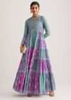 Blue Chanderi Kurti With Purple Block Print