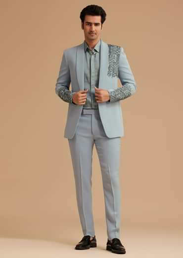 Pale Blue Cotton Satin Tuxedo With Handcrafted Cut Dana Work