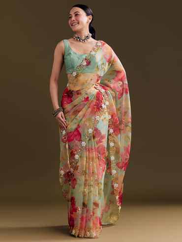 Green Organza Floral Saree With Embellished Border