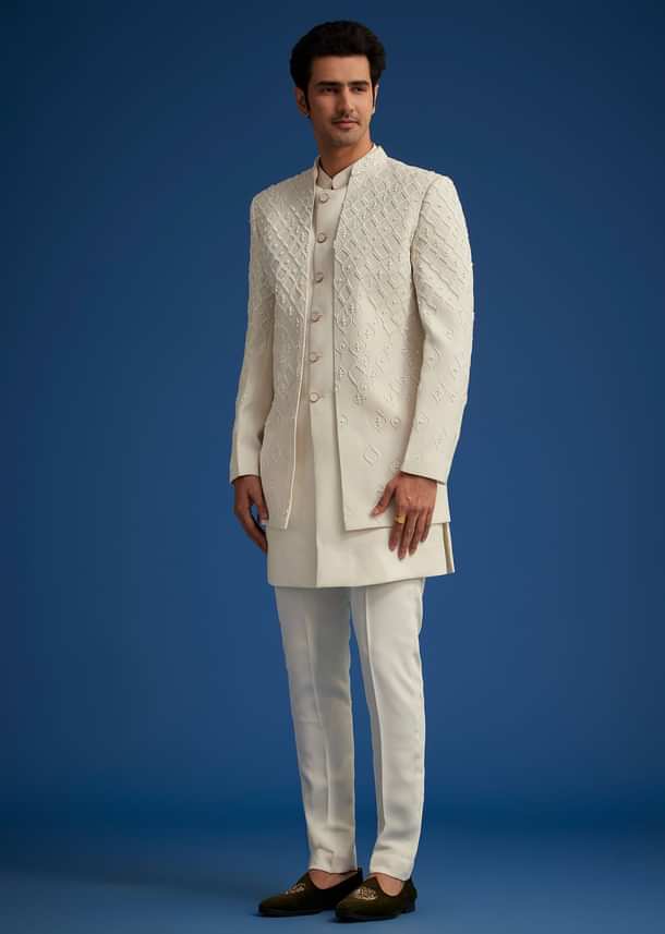 Off White Cotton Satin Sherwani Set With Embroidered Jacket