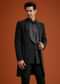 Black Long Open Jacket Set With Tonal Beaded Embroidery