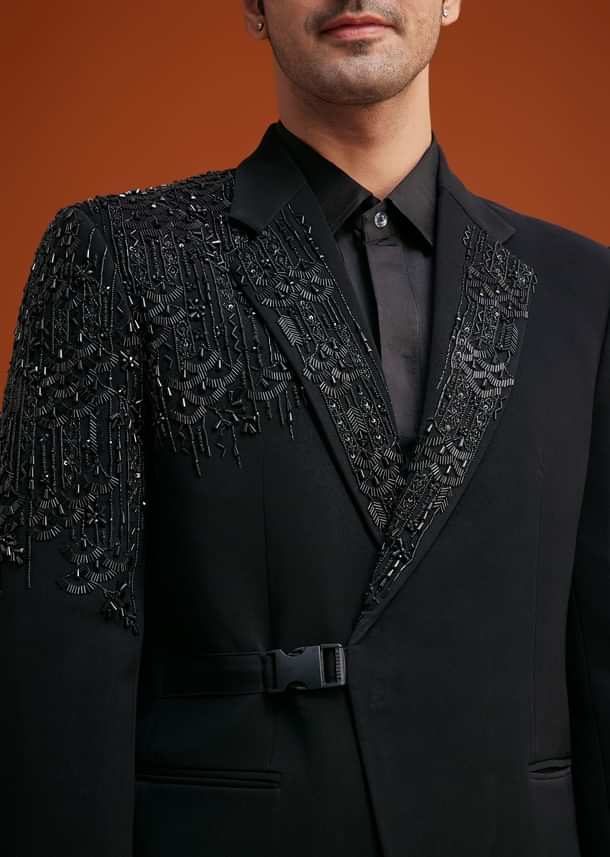 Black Tuxedo With Asymmetric Beaded Embellishments