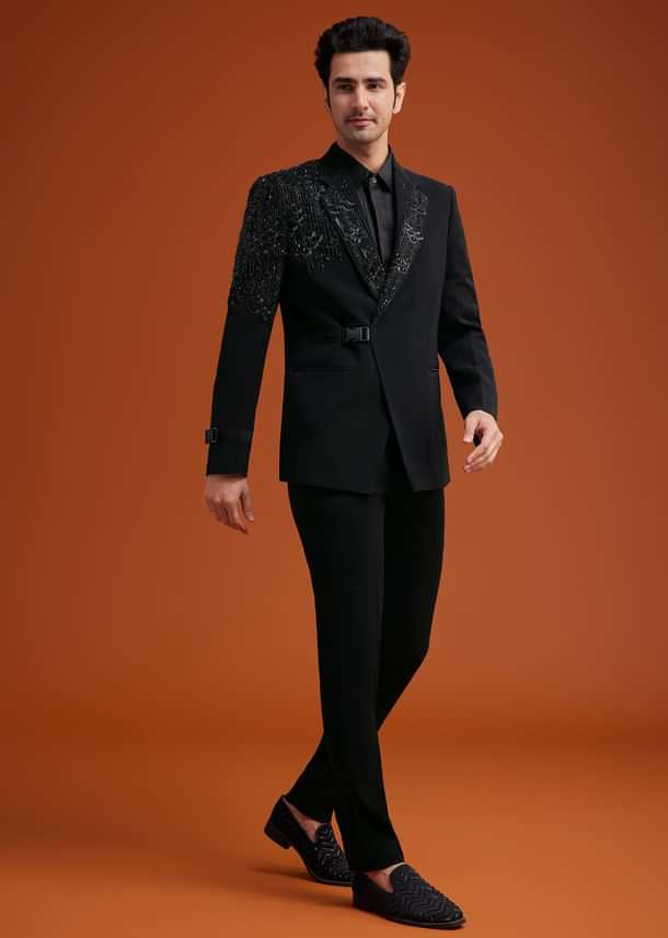 Black Tuxedo With Asymmetric Beaded Embellishments