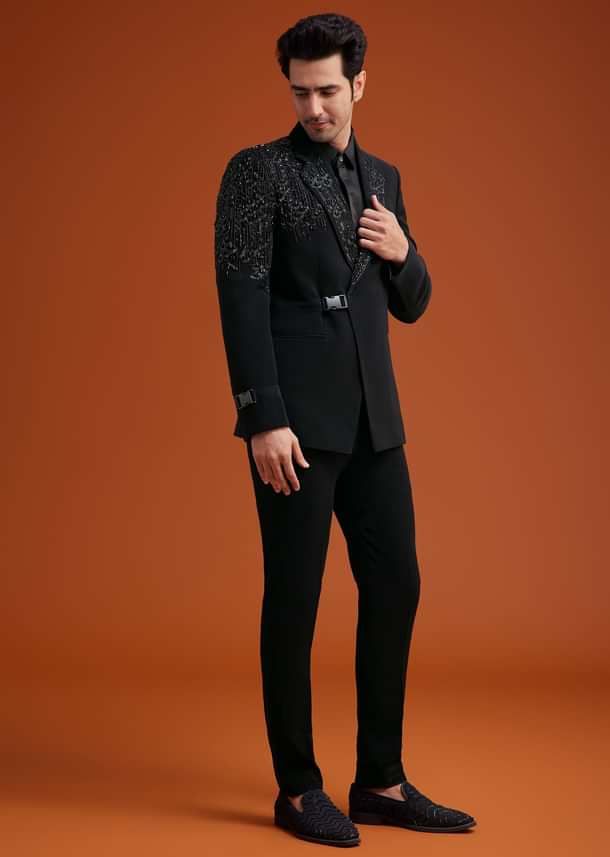 Black Tuxedo With Asymmetric Beaded Embellishments
