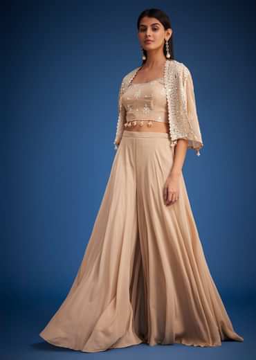 Beige Georgette Embroidered Cape Palazzo Set