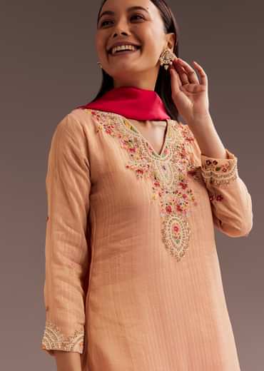 Peach Thread Moti Kurta Palazzo Dupatta Set