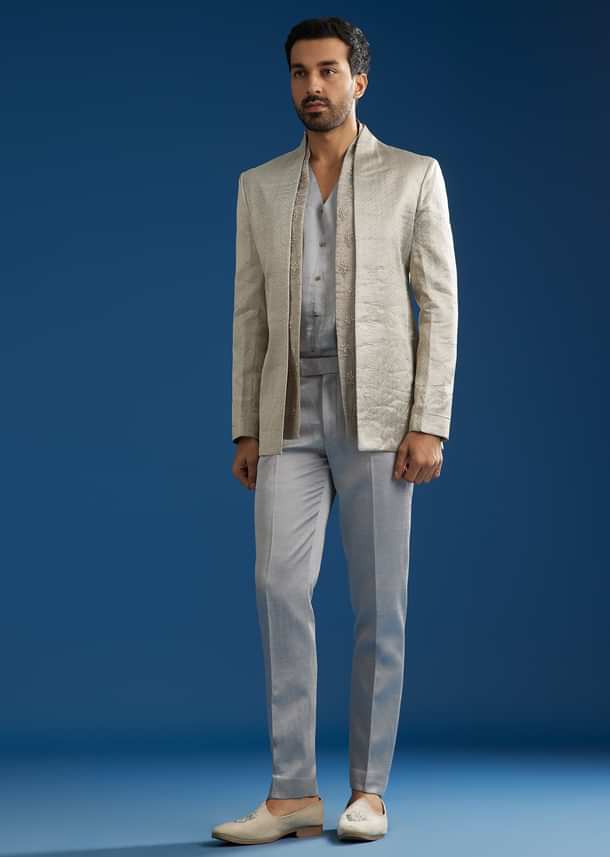 Silver Linen Satin Banarasi Jacket Kurta Set With Hand Embroidery