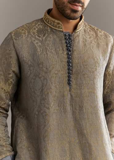 Grey Banarasi Tussar Kurta Set With Contrast Rust Embroidery