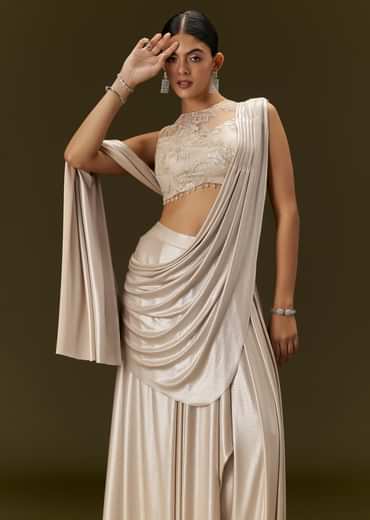 Ivory Lycra Draped Saree With Embroidered Blouse
