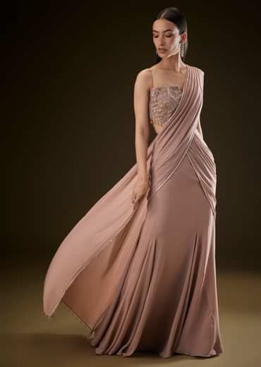 Dusty Pink Fishcut Drape Saree With Embellished Corset Blouse