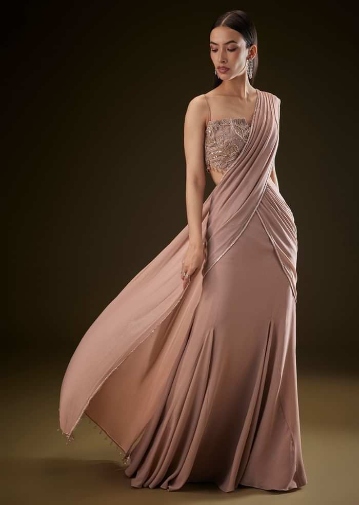 Dusty Pink Fishcut Drape Saree With Embellished Corset Blouse