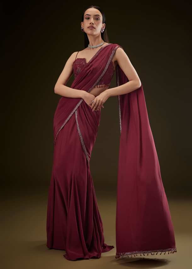 Maroon Corset Embroidered Blouse With Pre Stitched Draped Saree