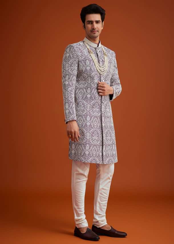Purple Silk Sherwani Set With Bead Work Purple Silk Sherwani Set With Bead Work