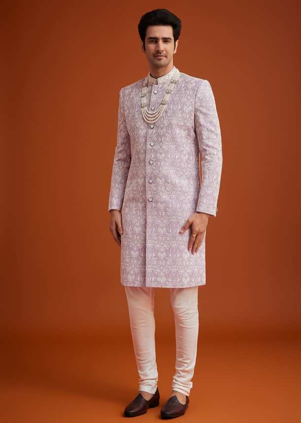 Pink Silk Sherwani Set With Bead Work On Collar Pink Silk Sherwani Set With Bead Work On Collar