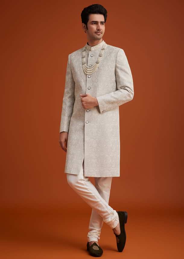 Grey Silk Sherwani With Embroidery And Beads Work Grey Silk Sherwani With Embroidery And Beads Work