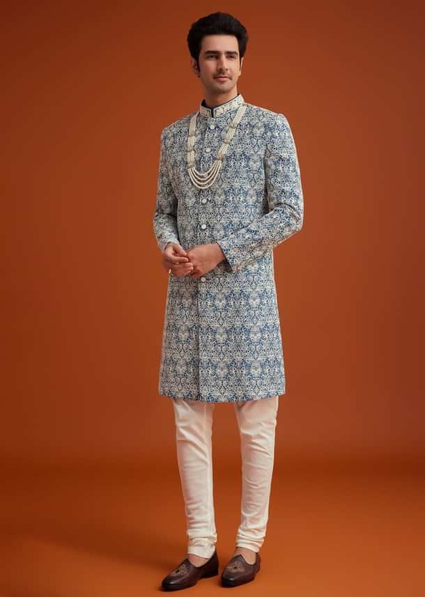 Blue Monga Silk Sherwani With Embroidery And Beadwork Blue Monga Silk Sherwani With Embroidery And Beadwork