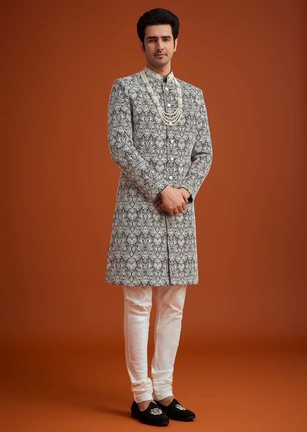 Black Silk Sherwani Set With Bead Work And Embroidery Black Silk Sherwani Set With Bead Work And Embroidery