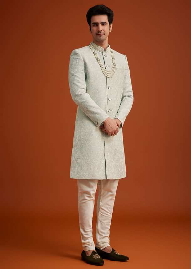 Pista Green Silk Sherwani Set With Beads Embroidery On Collar Pista Green Silk Sherwani Set With Beads Embroidery On Collar