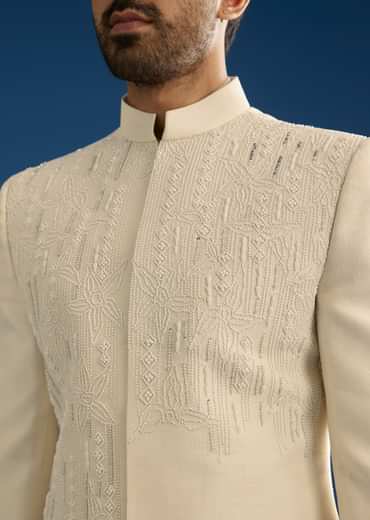 Off White Tussar Groomsman Sherwani Suit With Hand Embroidery