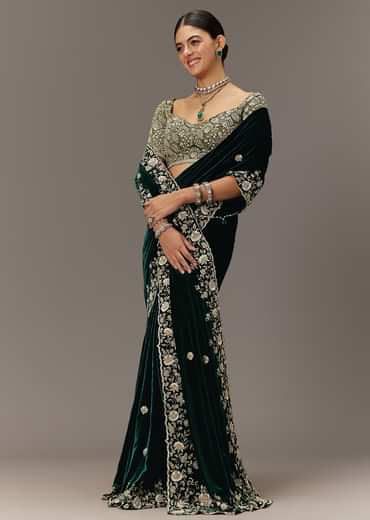 Green Velvet Saree With Brocade Embroidered Blouse