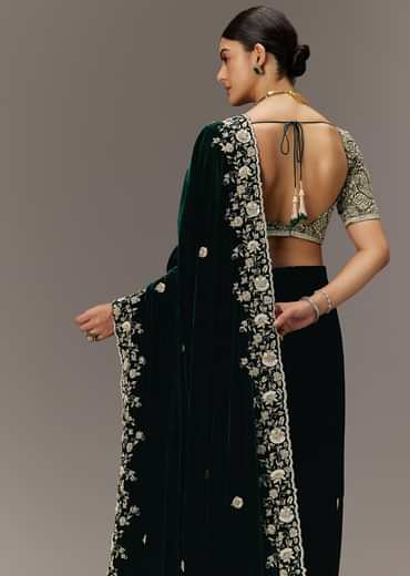 Green Velvet Saree With Brocade Embroidered Blouse